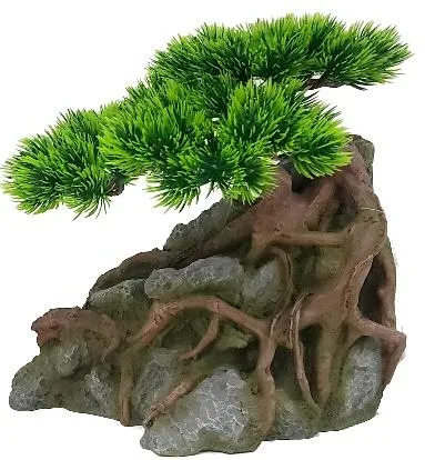 Cascading bonsai pine on a grey rock base, 27 cm