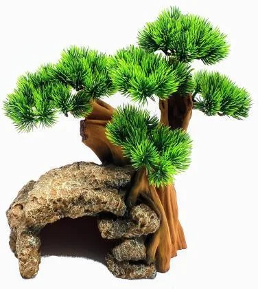 Bonsai tree with a rock cave on one base, 34 cm