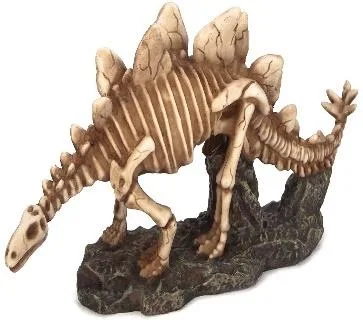 Resin aquarium ornament depicting a Stegosaurus skeleton fossil replica mounted on a rock base