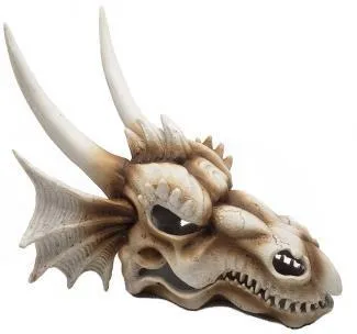 Resin aquarium ornament shaped as a horned dragon skull with bat-like ear/wing details
