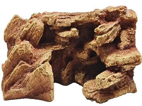 Resin aquarium ornament shaped as a stratified sandstone rock formation with a central cave opening