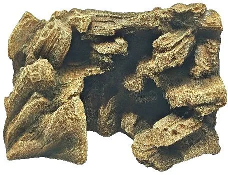 Resin aquarium ornament shaped as a jagged, stratified rock-wall formation with a central cave opening, in a tan/sand colourway