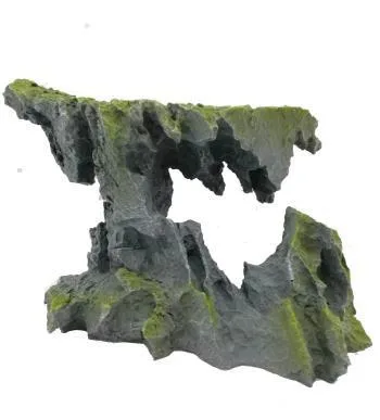 Resin aquarium ornament shaped as an arched grey stone formation with green moss patches on top