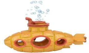 Resin aquarium ornament shaped as a toy submarine with round porthole cut-outs