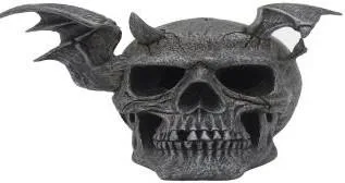 Resin aquarium ornament shaped as a horned, winged demon skull