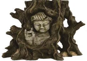 Resin aquarium ornament depicting a seated Buddha figure emerging from entwined tree roots