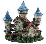 Resin aquarium ornament shaped as a fairy-tale style stone castle with blue conical turret roofs