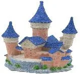Resin aquarium ornament shaped as a pink-brick castle with blue conical turret roofs