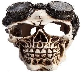 Resin aquarium ornament shaped as a skull wearing steampunk-style goggles