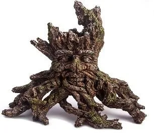 Resin aquarium ornament shaped as a larger root/bark 'tree-spirit' face on a wide gnarled base