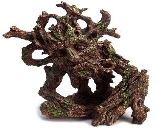 Resin aquarium ornament shaped as an entwined-root 'tree-spirit' formation with a face at the center
