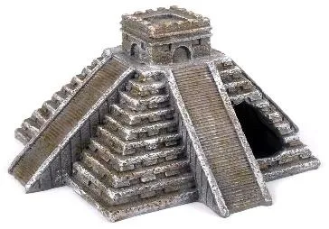 Resin aquarium ornament shaped as a stepped Mesoamerican (Mayan/Aztec-style) pyramid with a cave opening