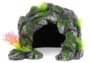 Resin aquarium ornament shaped as a mossy grey rock cave with plastic-plant accents