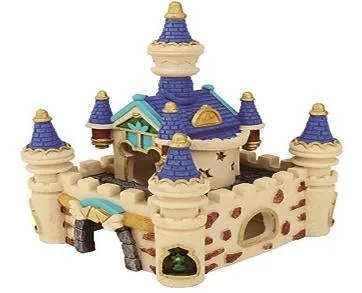 Resin aquarium ornament shaped as a cream-stone fairy-tale castle with blue conical turret roofs