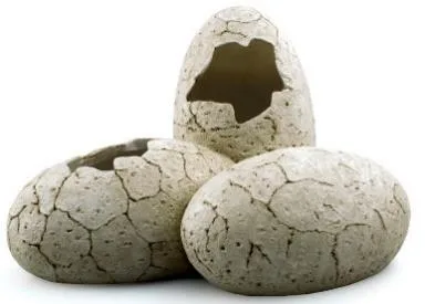 Resin aquarium ornament depicting a cluster of textured dinosaur eggs, one partially hatched