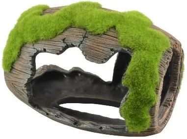 Resin aquarium ornament shaped as a hollow mossy log