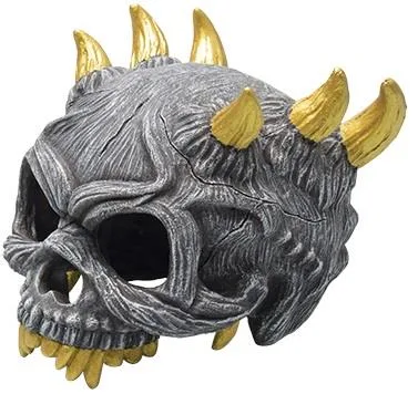 Resin aquarium ornament shaped as a grey skull with large curved gold horns