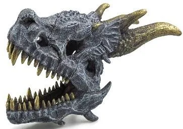 Resin aquarium ornament shaped as a dragon skull with curved horns and an open jaw