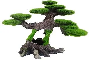 Resin bonsai-style aquarium ornament: a gnarled trunk with flat, moss-green canopy pads