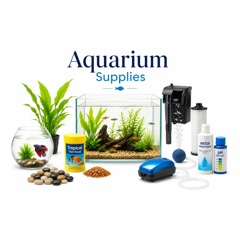 Aquarium with fish, a filter, an air pump, fish food and water tests