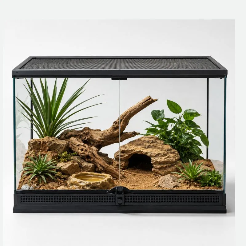 Planted glass terrarium with a hide and a water bowl